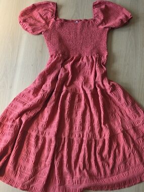 Smocked Puff-Sleeve Midi Dress in Coral Pink